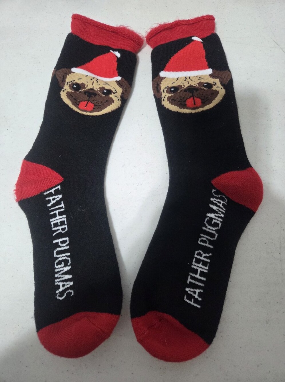 NEW Black & Red Novelty Pug Socks - Father Pugmas Design, Unisex Adult